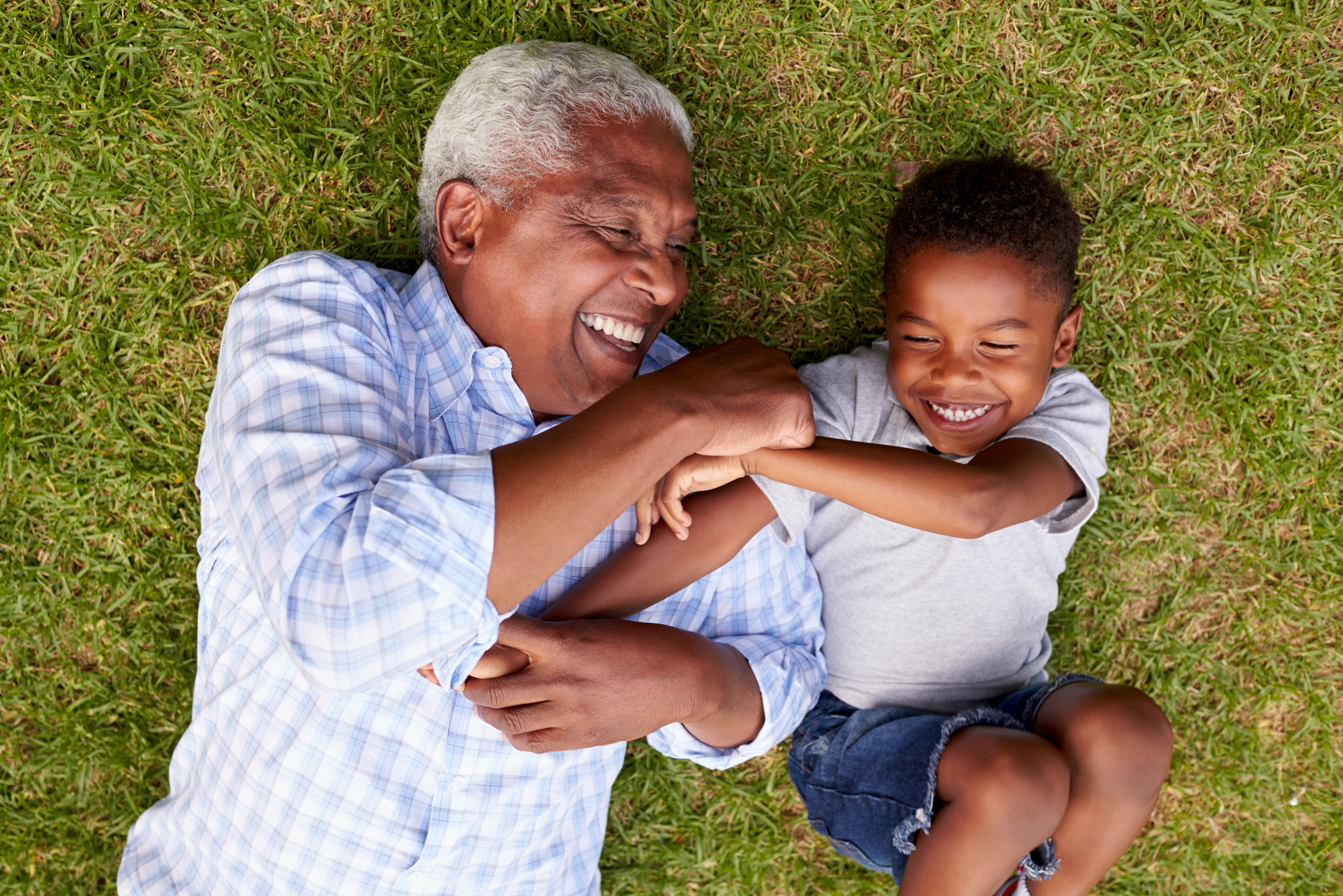 Photograph of a grandfather and grandson in the grass